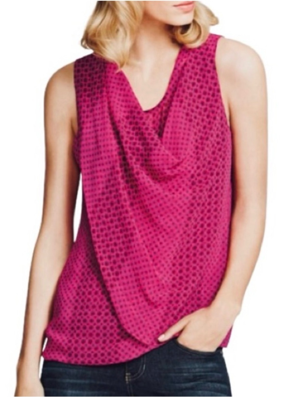 CAbi Draped Floral Dot-Print Shell Top - Fuchsia Pink Medium